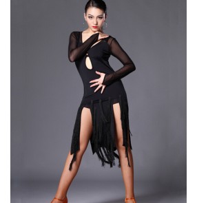 Women's black tassel long  sleeves latin dance dress with separate shorts