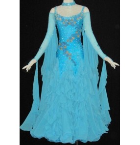 Women's blue diamond waltz tango ballroom dance dress full skirt 