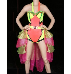 Women's colorful jazz dance  singer dj ds dance costume with tail fabric