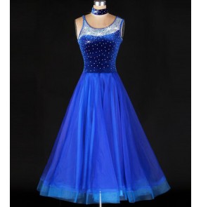 Women's diamond double strap shoulder long length  ballroom dance dress royal blue waltz 
