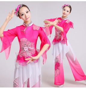 Women's fuchsia gradient color long sleeves chinese folk dance costumes ancient traditional Yangko dance costumes Dresses set
