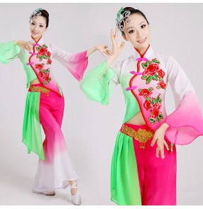 Women's fuchsia  green gradient color long sleeves  traditional Chinese folk dance costumes yangko fan dance costumes dane wear 