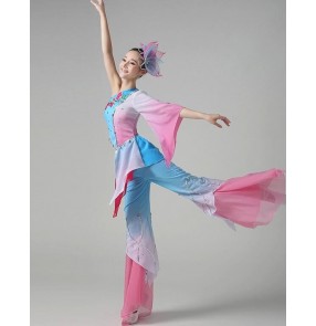 Women's girls female blue pink patchwork gradient color one sleeves Chinese folk dance dresses costumes traditional ancient fan dance costumes dresses sets for ladies