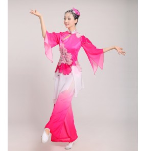 Women's girls female fuchsia gradient color Chinese folk dance costumes traditional ancient long sleeves fan dance stage performance costumes for ladies