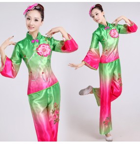 Women's girls female gradient color blue yellow green rainbow color Chinese folk dance costumes traditional ancient stage performance fan dance dresses sets for ladies 