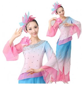 Women's girls female pink and blue gradient color long sleeves Chinese folk fan dance costumes set traditional ancient dance dresses tops and pants