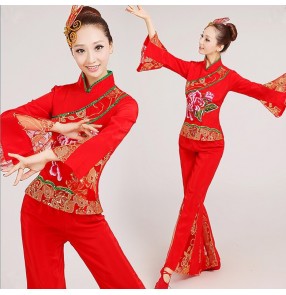 Women's girls female red flower Chinese folk fan dance costumes ancient traditional stage performance dresses for ladies
