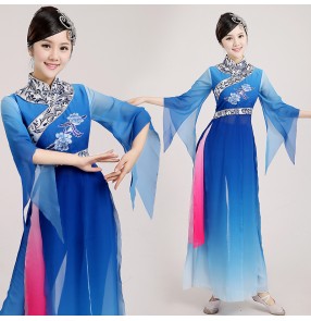 Women's girls female white and blue royal blue gradient color long sleeves Chinese folk dance traditional ancient fan dance costumes dresses sets for ladies 