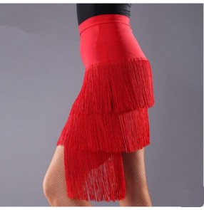 Women's girls high quality  competition red black tassels irregular length latin dance skirts salsa samba rumba dance skirt