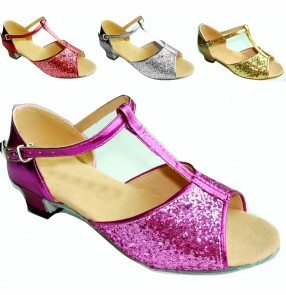 Women's girls kids children child silver gold sequined soft cow leather shoes sole competition latin ballroom dance shoes sandals