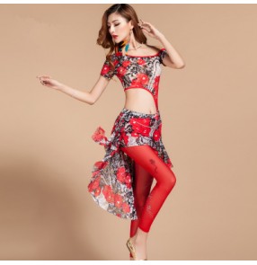 Women's  girls ladies female red green black floral printed sexy professional competition belly dance costumes dance wear top skirt and rhinestone legging pants