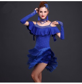 Women's girls ladies female royal blue fuchsia black red  dew shoulder straps rhinestones backless competition fringe latin dress stage performance salsa rumba cha cha  samba dance dresses with gloves and choker head accessory 