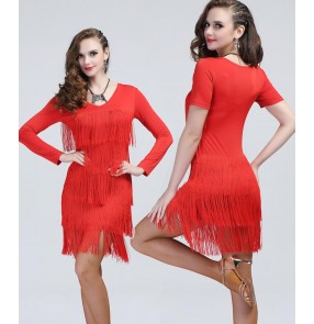 Women's girls ladies fringe microfiber fabric long sleeves short sleeves red black latin dance dresses salsa samba rumba cha cha dance dresses