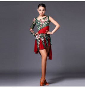 Women's girls ladies green lace floral red patchwork sexy one shoulder sleeves professional competition latin dresses samba salsa chacha rumba dance dresses without sashes