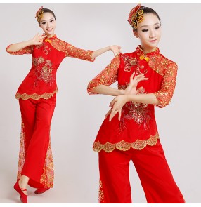 Women's girls ladies red lace short sleeves Chinese folk fan dance costumes ancient traditional stage performance dance dresses costumes clothes