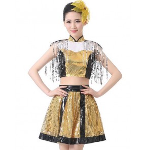 Women's girls ladies sequined gold and black white patchwork modern dance stage performance costumes jazz dj ds singer dance dance dresses clothes tops and skirts