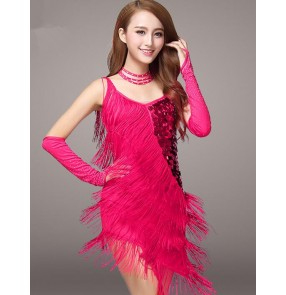 Women's girls lady  fuchsia black red royal blue fashionable sexy fringe straps sequined latin dresses samba chacha dresses with choker and gloves  