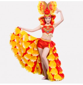 Women's girls red yellow turquoise high quality modern Spanish bull dance costumes stage performance dance costumes dresses top and skirts with hat