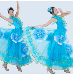 Women's girls turquoise flower ruffles sequined hem modern big full skirted modern dance dresses stage opening dance performance dancewear