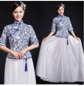 Women's girls white and blue china Chinese traditional dance costumes stage performance cheongsam dresses clothes S-XXXL