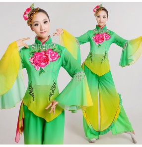 Women's green yellow gradient color patchwork embroidery flower Chinese folk fan dance costumes dresses traditional ancient dance clothes stage performance dance wear