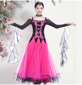 Women's lace patchwork long waltz dance dress rhinestone ballroom dancing dress