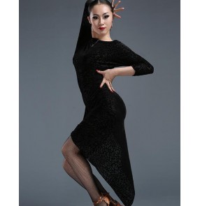Women's ladies adult sexy long sleeves black flocking long sleeves latin salsa samba dance dresses 