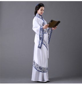 Women's ladies blue and white long length classical ancient Chinese  folk dance dresses cos play fairy stage performance costumes
