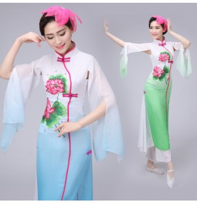 Women's ladies female  blue green gradient  color long sleeves Chinese folk dance costumes traditional ancient  yangko fan dance  costumes dresses set clothes