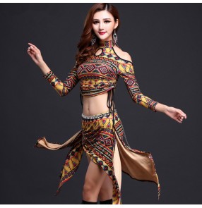 Women's ladies female girls yellow purple floral vintage printed pattern stage performance belly dance costumes belly dance dresses sets long sleeves tops and triangle skirts and no diamond sashes