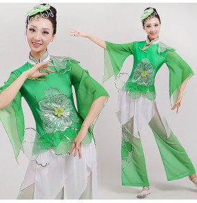 Women's ladies female green gradient color chinese folk dance costumes ancient fan dance yangko dance costumes dresses set