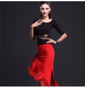 Women's ladies female red black short sleeves irregular hem skirt competition samba salsa cha cha dance dresses sets top and skirt