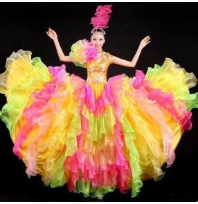 Women's ladies girls fashionable colorful rainbow color folk dance costumes Spanish bull full skirted Dance dresses S-XXL
