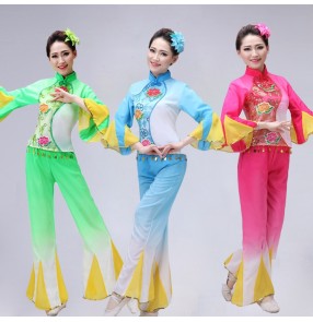Women's  ladies girls green blue fuchsia Chinese folk fan dance costumes stage performance ancient traditional dance dresses costumes set for ladies
