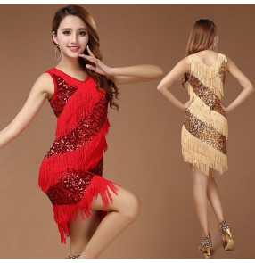 Women's ladies girls sequined fringe paillette  gold red black royal blue latin dresses salsa cha cha samba rumba dance dresses dancewear