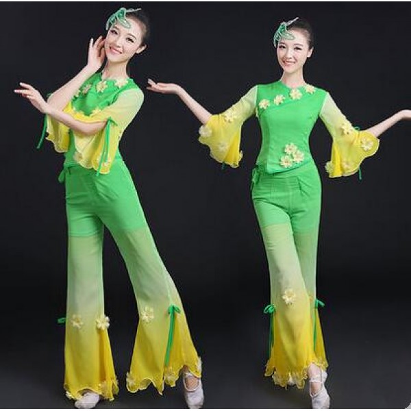 Women's ladies gradient green color flower half sleeves chinese
