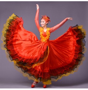 Women's ladies red green Chinese folk dance costumes Spanish bull folk dance dresses opening dance stage performance clothes 540 degree