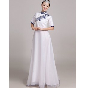Women's ladies white and blue chinese folk dance costumes cheongsam traditional dance clothing dance wear  dresses S-4XL