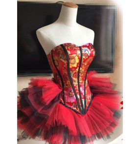 Women's lady girls  red floral corset wrapped chest top organza tutu  skirt jazz singer dj ds dance costumes performance stage dress clothes