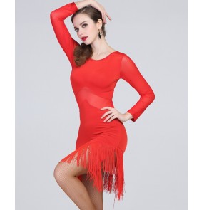 Women's lady girls sexy back red long sleeves fringe latin dance dresses samba rumba chacha dance dress