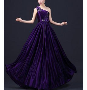 Women's lady one shoulder appliques satin fabric A-line purple turquoise royal blue  evening dress bridal wedding party dress