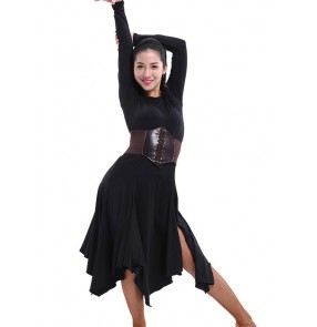 Women's long sleeves front  split black round neck latin dance dresses without sashes