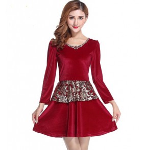 Women's o neck paillette wine red and black patchwork velvet long sleeves latin salsa dance dress