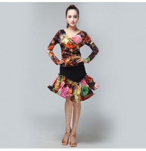 Women's plus size black turquoise floral  latin dance dresses sets top and skirts
