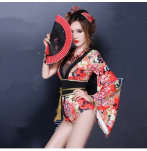 Women's printed  one shoulder jazz dj singer dance costume kimono bodysuit with sash