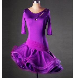 Women's short sleeves latin dance dress red purple violet 