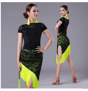 Women 's tassel green and black lace latin dress  set ( top and skirt)