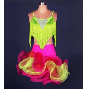 Women's tassel strap green yellow hot pink patchwork ruffles hem latin dance dress