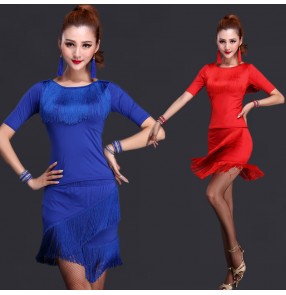 Women's tassels middle long sleeves latin dance dresses sets top and skirts