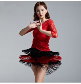 Women's tassels red and black patchwork lace sexy latin dance dresses sets top and skirts